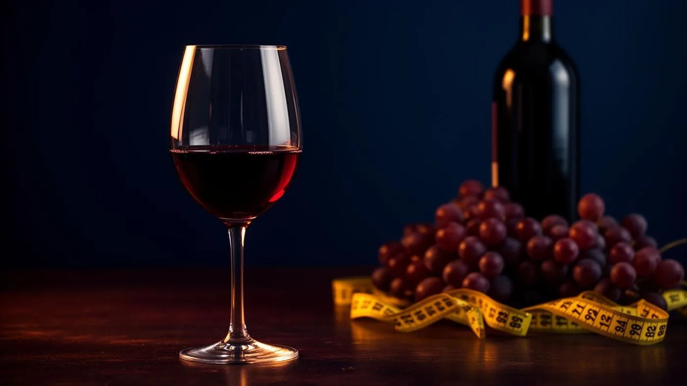 Taça de vinho tinto ao lado de cacho de uvas, garrafa e fita métrica sobre fundo escuro