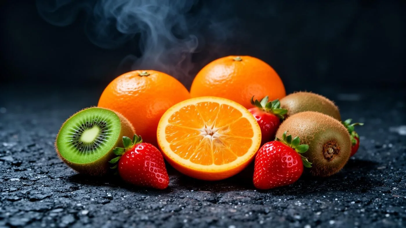 Laranjas, kiwi e morangos sobre fundo escuro representando alimentos ricos em vitamina C