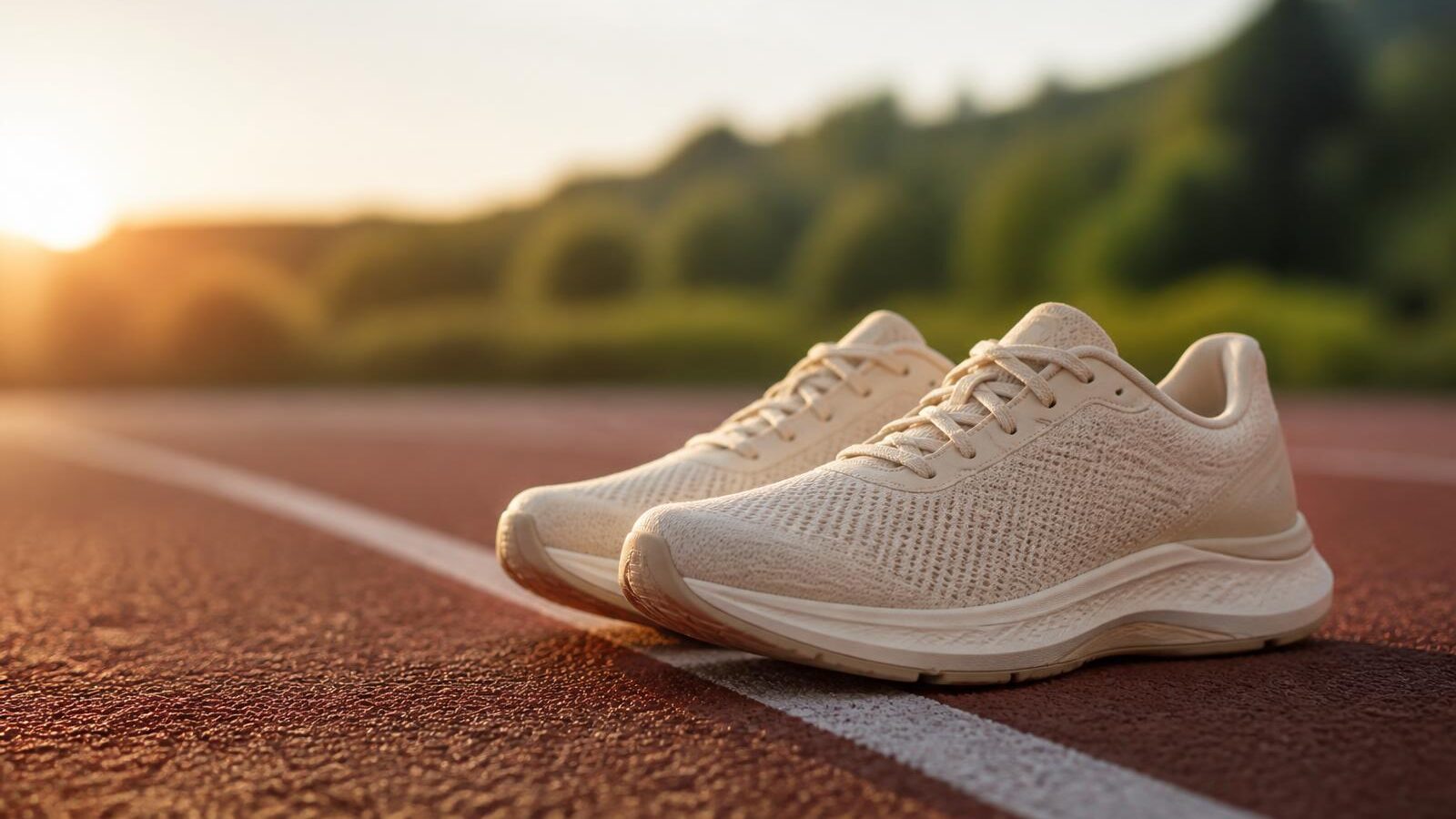 Par de tênis de corrida neutros apoiados na raia de uma pista de atletismo ao amanhecer, com luz rasante dourada atravessando o quadro